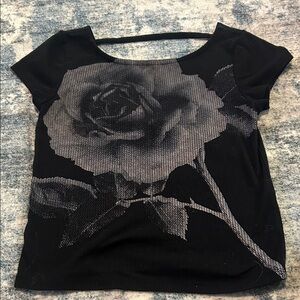 Almost Famous Black Top with Gray Rose Design